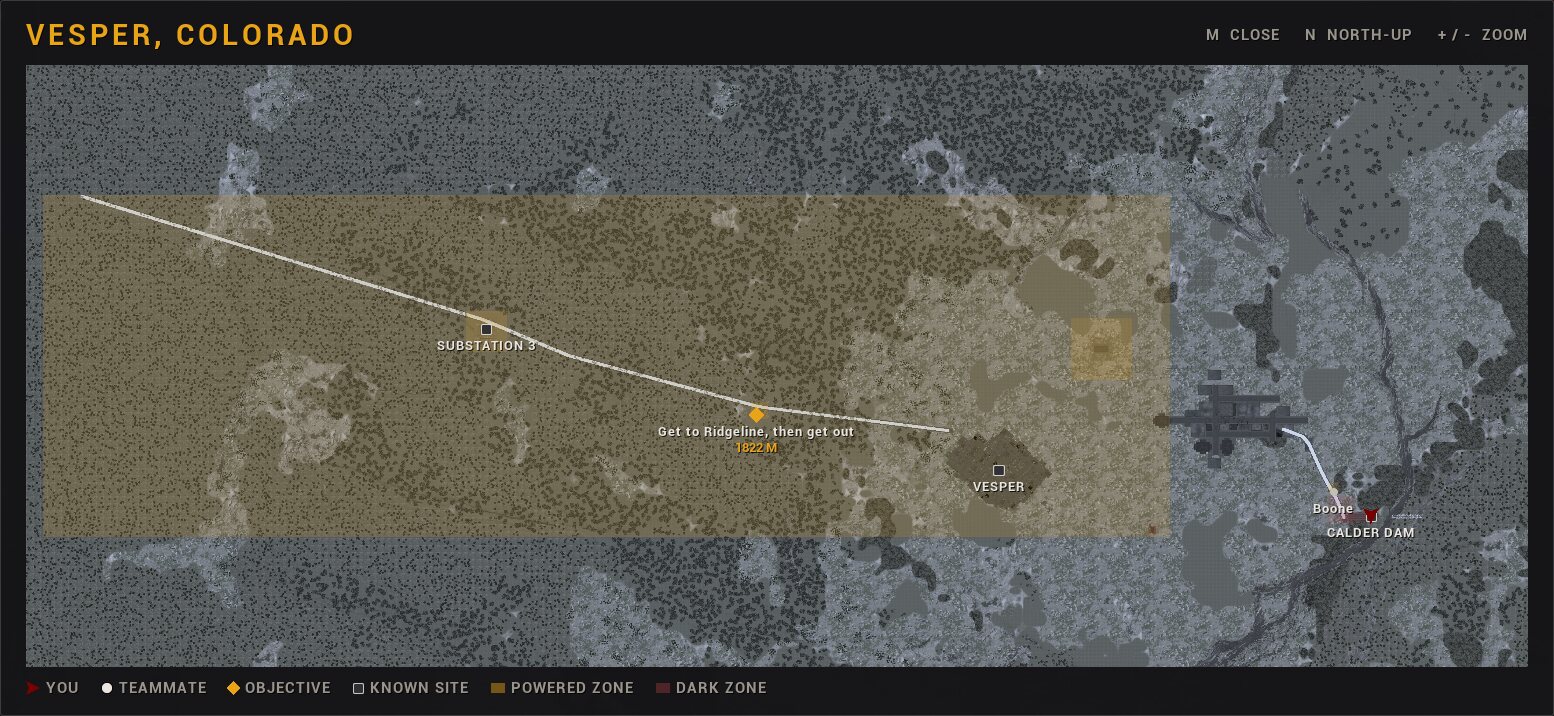 The full map of Vesper, from Substation 3 down the pass to Calder Dam.